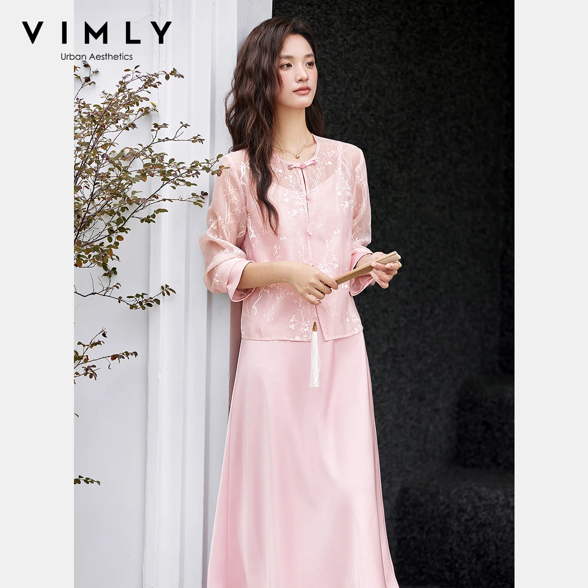 

VIMLY Women's Two Piece Dress Set Autumn 2025 Elegant Chinese Style Floral Embroidery Coats Long Suspender Satin Dresses A2683