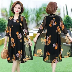 Mother's Dress Two-Piece Middle-Aged Elderly Size 4XL Summer Wide Wife Fashion Temperament Age-Reducing Mid-Length Skirt V707