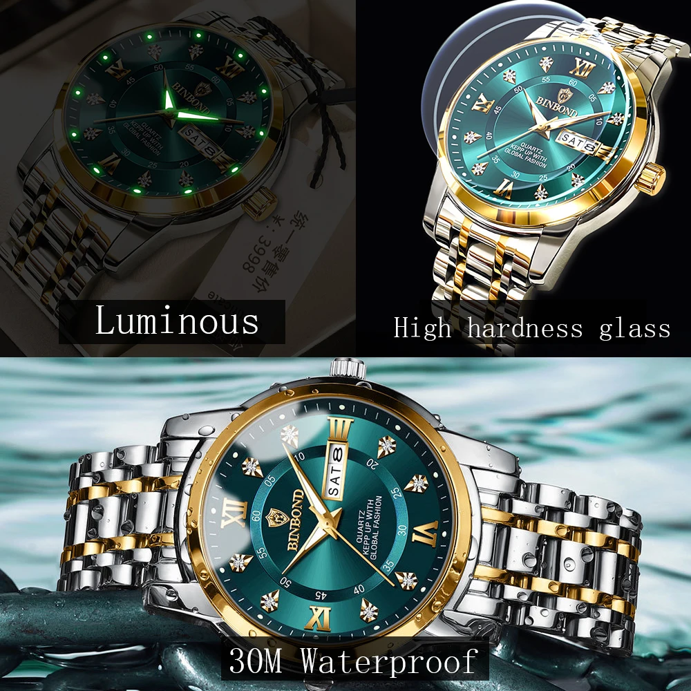 BINBOND Men\'s Watches Trend Fashion Star Ring Dial Original Quartz Watch for Man Waterproof Stainless Steel Luminous Date Week