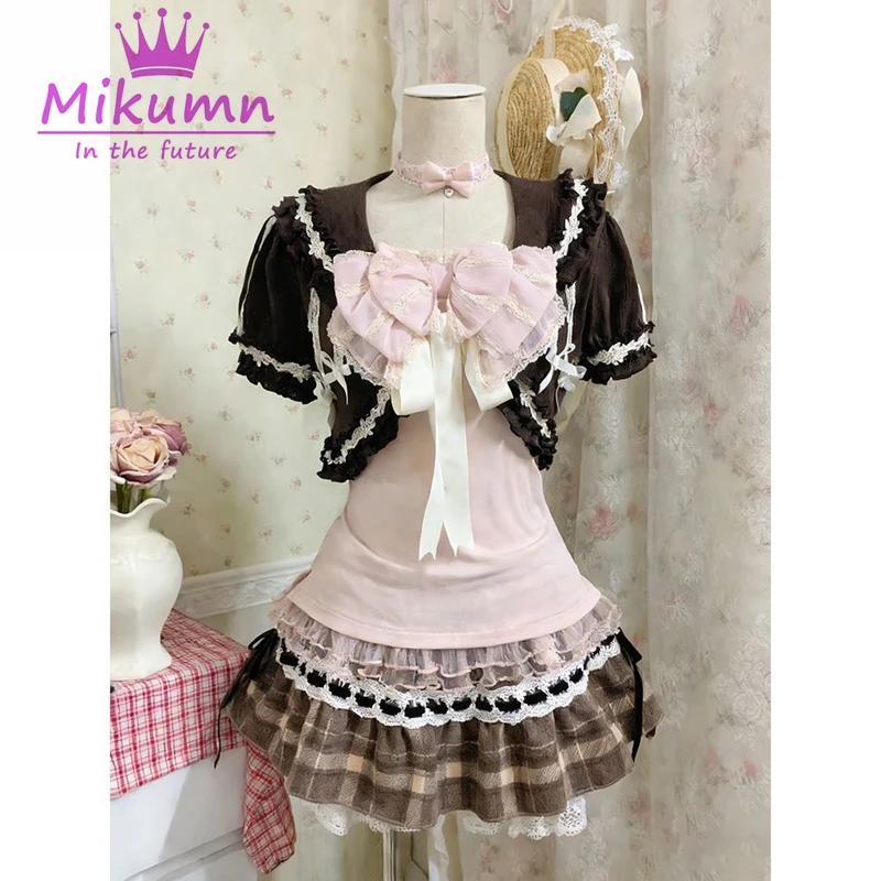 Mikumn Japanisches Lolita Vintage 3-teiliges Set für Damen, süßes Spitzen-Top mit Schleife, Strickjacke und karierter Minirock, Y2k Kawaii Fashion Outfit