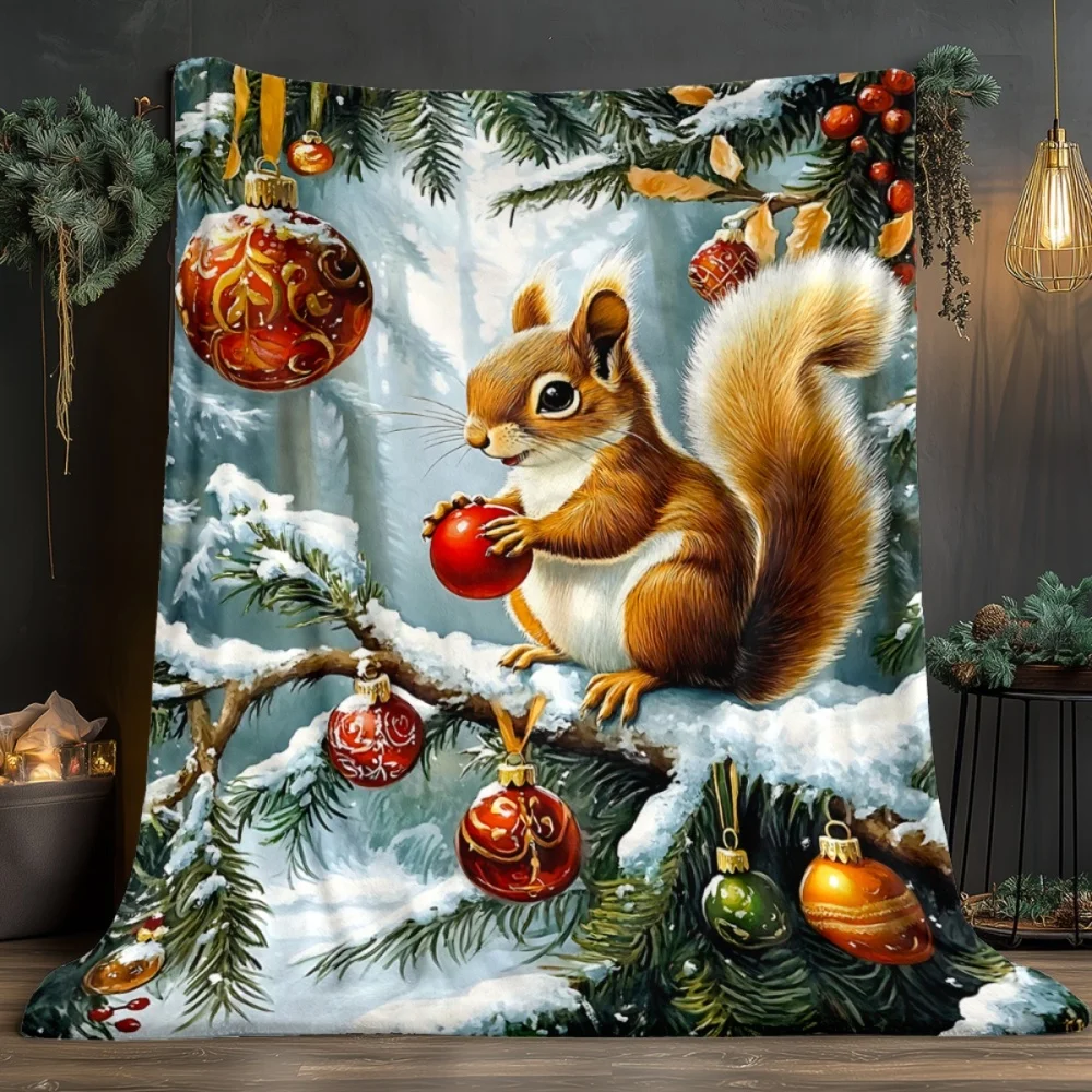 Christmas Squirrel Print Throw Blanket Snowy Pine Tree Xmas Bauble Ornament Pattern Soft Warm Decorative Blanket for Couch Bed