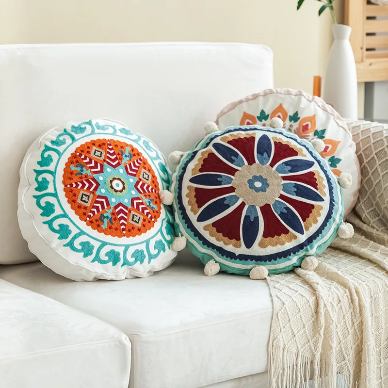 Moroccan Boho Round Embroidered Pillow Cover Handmade Ethnic Cushion for Sofa Bed Living Room Indian Southeast Decor