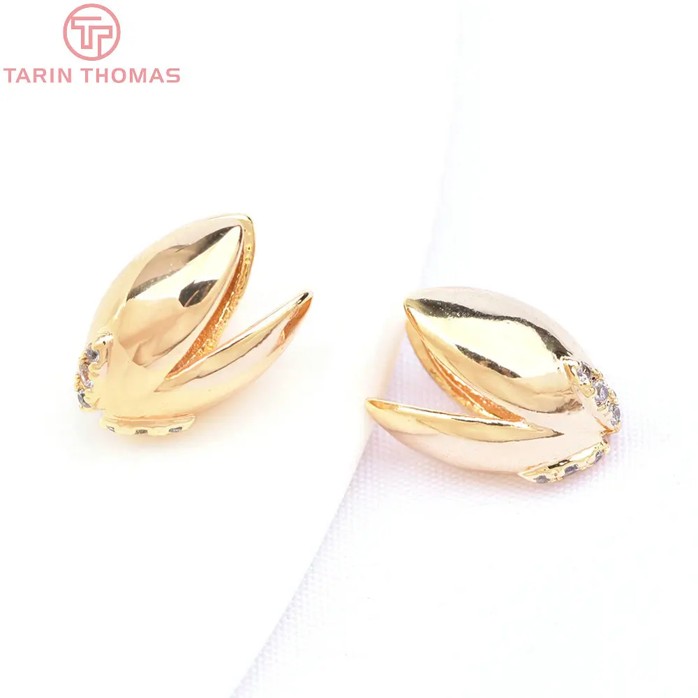 (3213) 4PCS 8x10.5MM 24K Gold Color Brass with Zircon  Bead Caps Connector  Quality DIY Jewelry Making Findings Accessorie