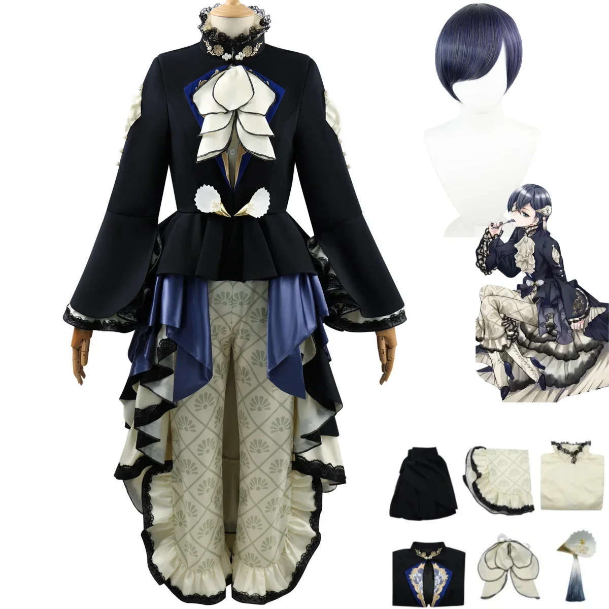 

Anime Black Butler Ciel Phantomhive Smile Cosplay Costume Wig Fresh Oyster Evening Dress Tail Drag Uniform Man Woman Party Suit