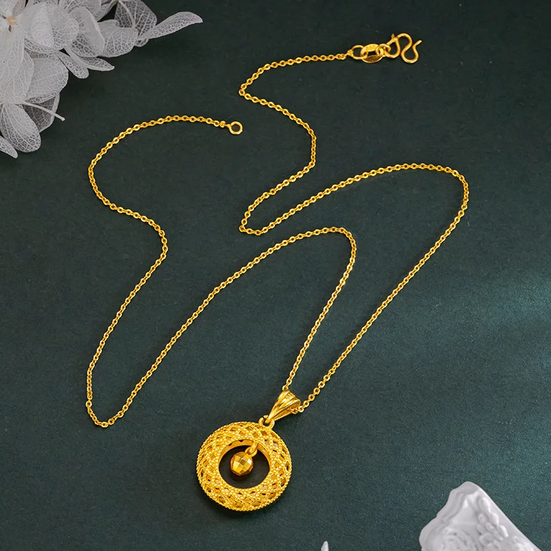 High quality AU999 gold filigree hollow 24K round brand safety buckle hanging bead light luxury women's high-end necklace