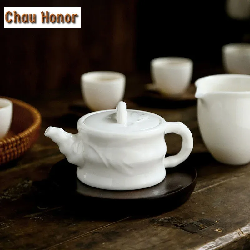 170ml White Porcelain Bamboo Joint Teapot Dehua Jade Porcelain Tea Pots Promotion Rish Ivory Mutton Fat Jade Handmade Master Pot