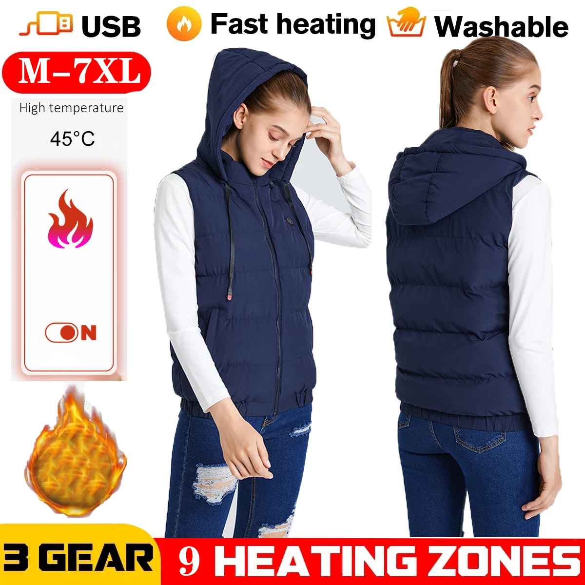 9 Areas Heated Vest Hooded Thickening Men/Women Outdoor Hunting Rapid Heating Winter Super Warm Heating Jackets