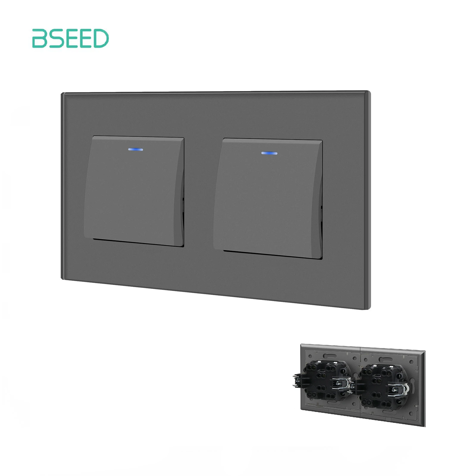 BSEED EU Standard Wall Light Switch Double 1/2Gang 1Way Glass Panel Mechanical Wall Switch On Off 10A 250V Blue Backlight