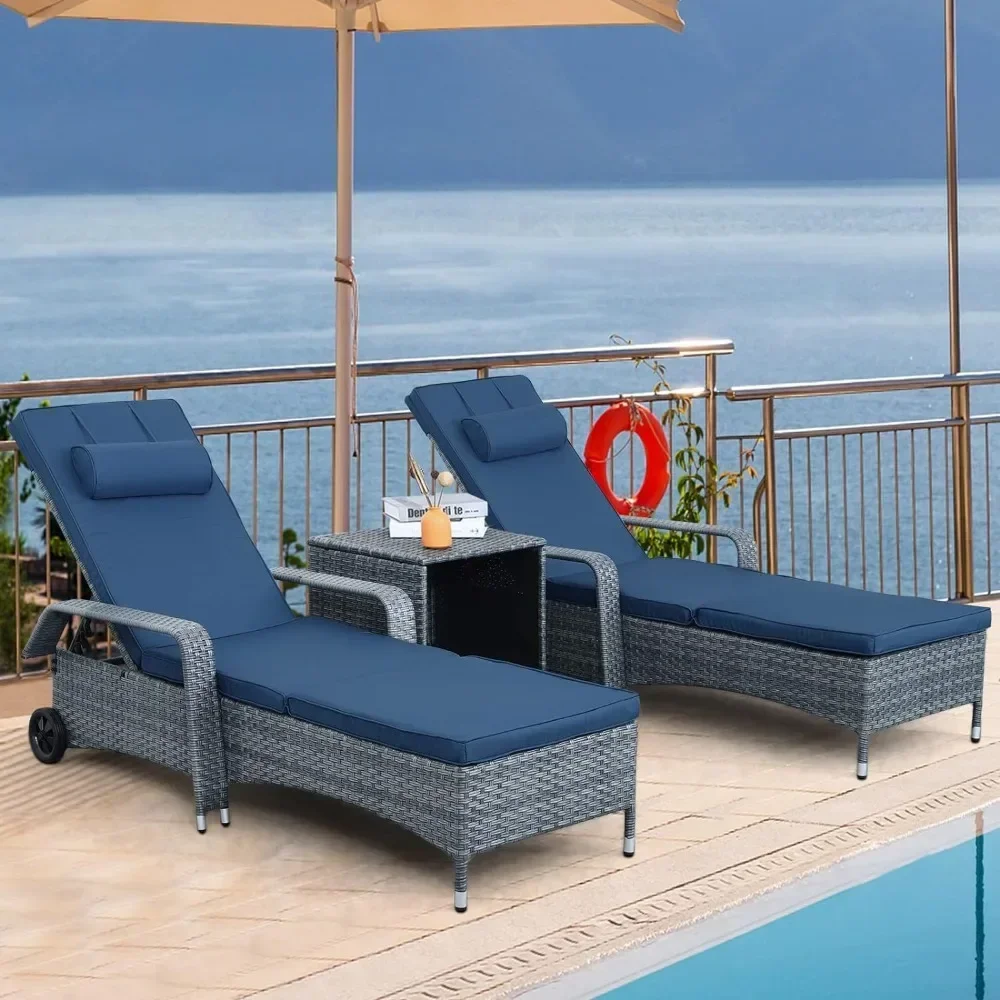 # Hot Patio Rattan Chaise Lounge With Rolling Wheels Adjustable Reclining Backrest 3-Piece PE Wicker Sun Bathing Chair Furniture