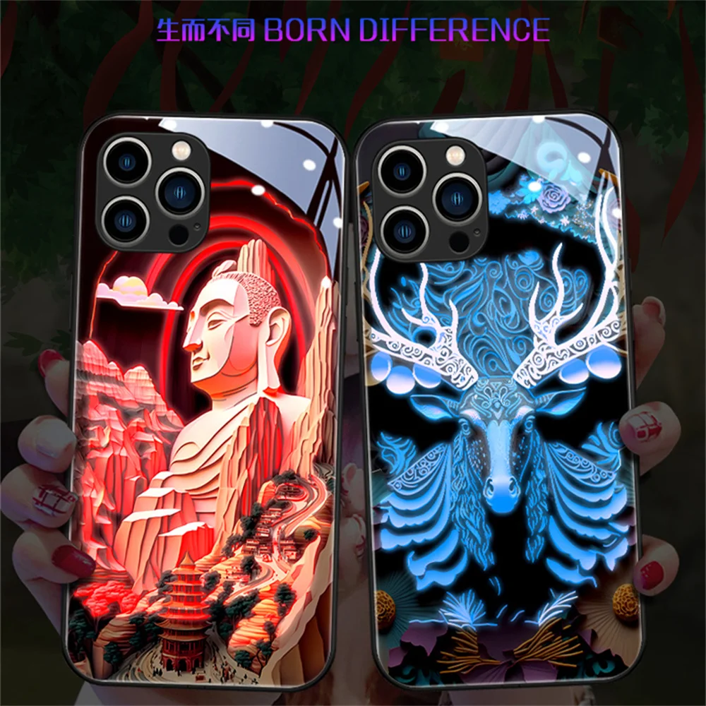 

Paper Folding Painting Luxury Elk LED Light Up Glowing Luminous Phone Case Cover For iPhone 15 14 13 12 11 Pro Max X XR XS 6 7 8