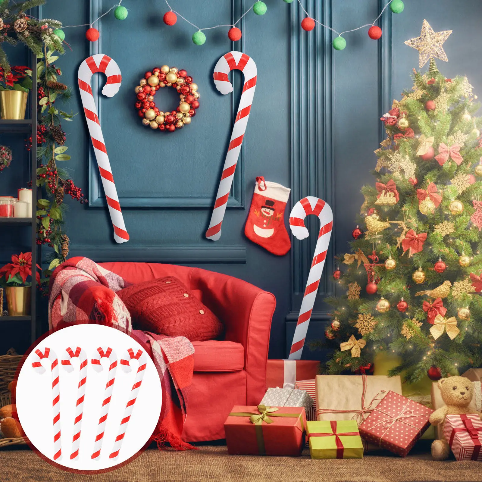 4Pcs Inflatable Christmas Candy Canes Holiday Themed Party Props Strong PVC Easy Hold for Kids Birthday Xmas Celebration Decor