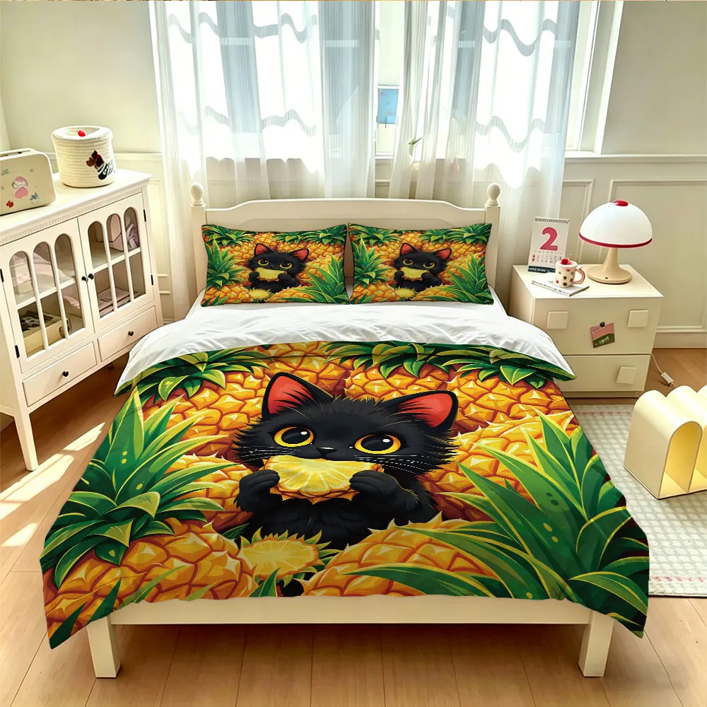 3PCS Pineapple Cat Print Duvet Cover Set Coreless1 Duvet Cover 2 Pillowcases Bedroom Bedding, Machine Washable Decoration
