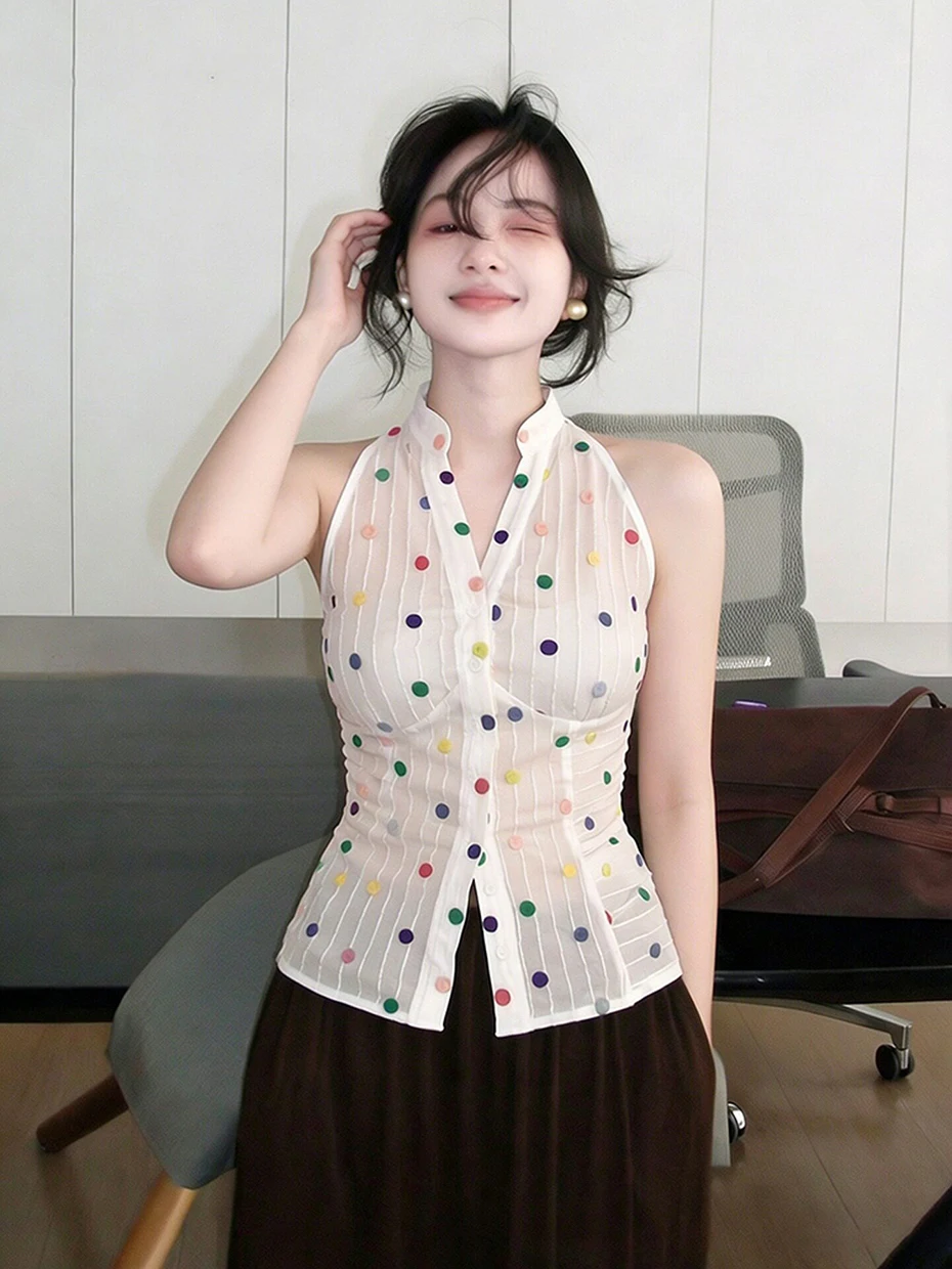 

Unique Elegant Sleeveless Shirt Women's Fashion Oxygen Feel Polka Dot Top Lightweight Luxury Anti Aging Summer Blouse