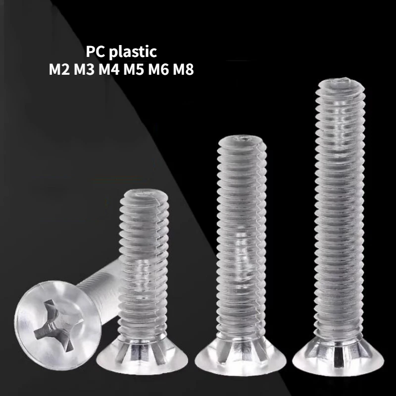 100pcs M2 M3 M4 M5 M6 M8 PC Transparent Plastic Countersunk Head Cross Screw Acrylic Insulated Plastic Flat Head Screw