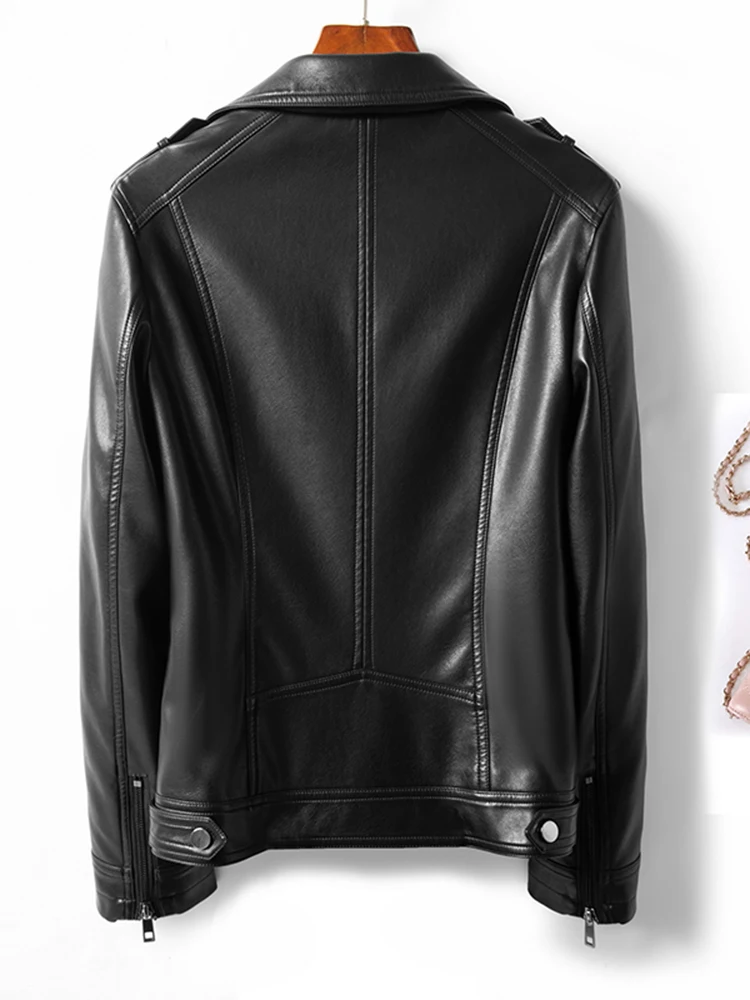 2025年春 レディース ショート丈 ファッション ブラック シープスキン レザー バイカー ジャケット ジッパー開閉 スリムフィット 通勤用 本革コート