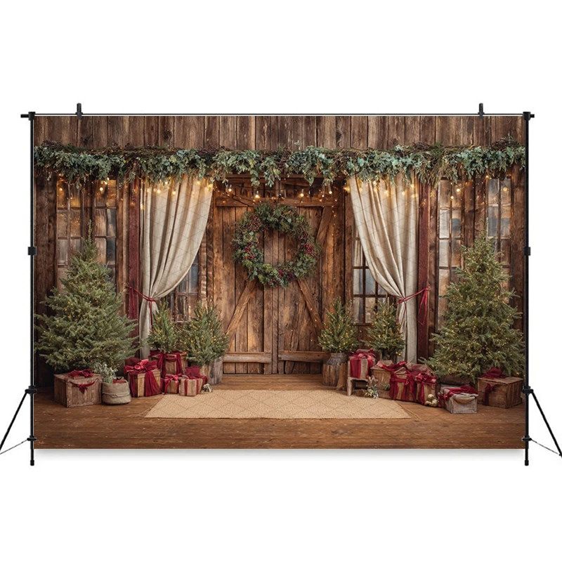 Mocsicka クリスマス写真背景 家族休暇 新年パーティー ツリー 木製ドア 壁装飾 子供写真背景幕 バナー