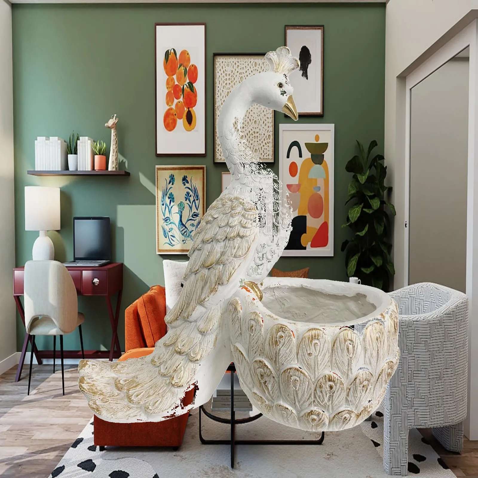 White Peacock Decorative Planter Large Flower Pot for Outdoor Garden Patio Interior Plant Display Vintage Finish