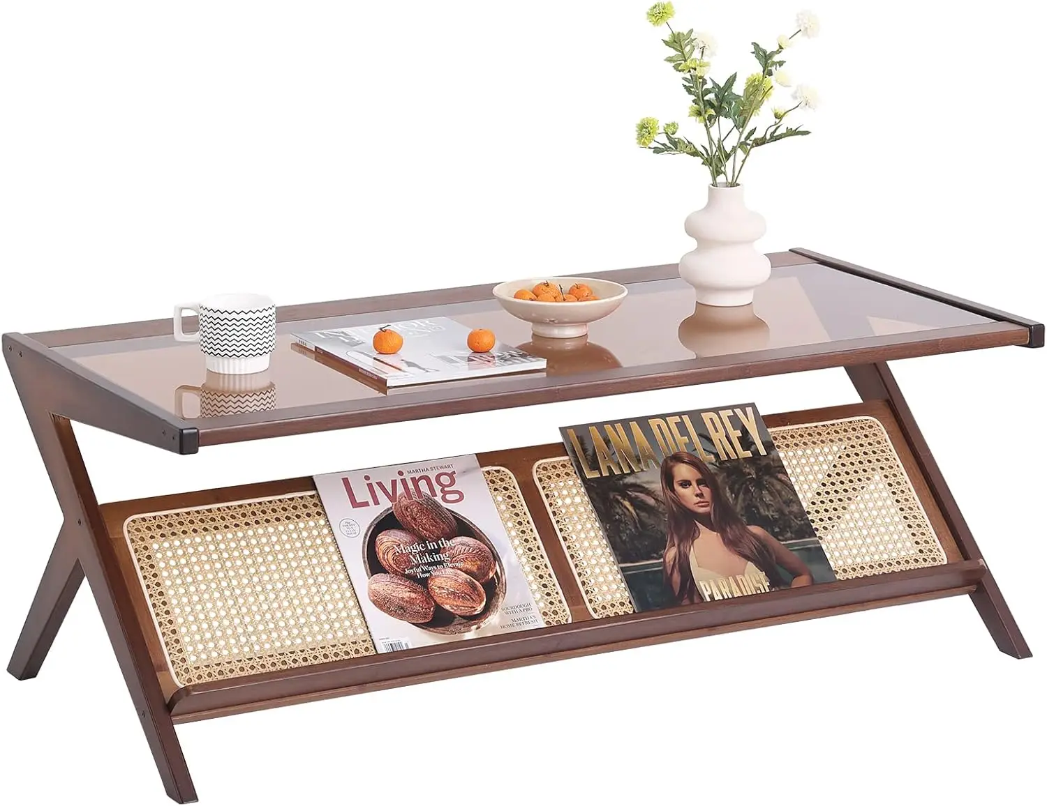 Rattan Coffee Table, Bamboo Accent Bedside Tables, Glass Nightstand Side Table