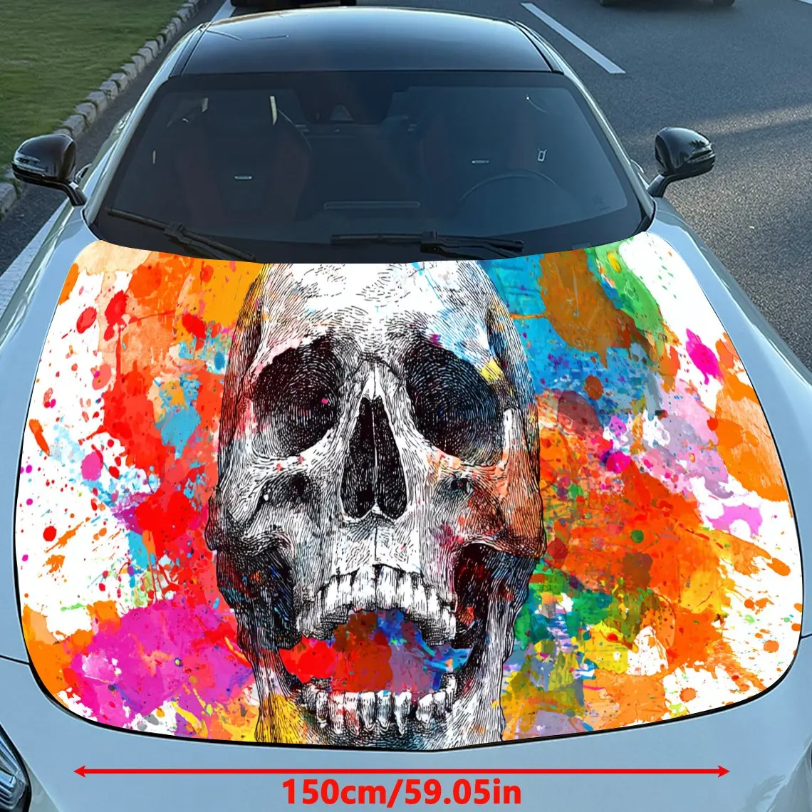 Dynamic Colorful Graffiti Skull PVC Car Hood Wraps, Self-Adhesive Waterproof Car Bonnet Decal Sticker, Car Decoration Protection