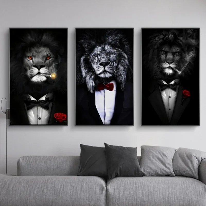 

Black Wild Lion in a Suit Canvas Art Posters And Prints Abstract Lion Smoking a Cigar Canvas Paintings On the Wall Art Pictures