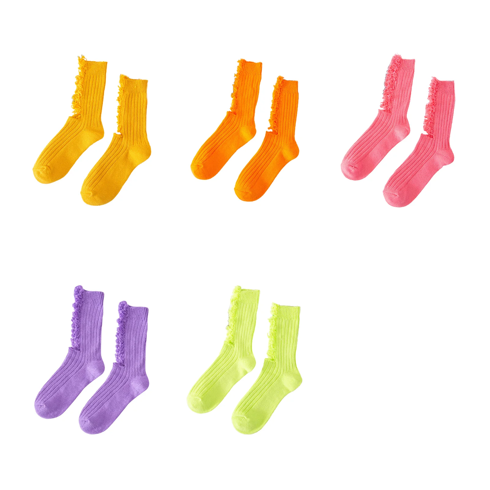 

Five color combinations of ripped beggar socks: turmeric/orange/rose red/purple/fluorescent green