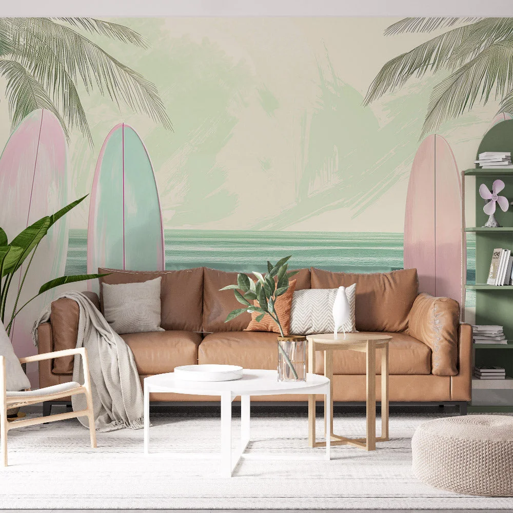 Full size custom 3D printed surfing wallpaper with wooden boards and coconut wood powder painting