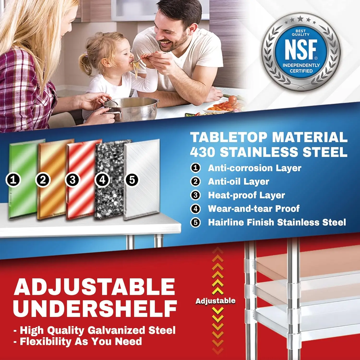 Prep roestvrijstalen tafel - DuraSteel 30 x 36 inch commerciële metalen werkbank met verstelbare onderplank - NSF-gecertificeerd - voor