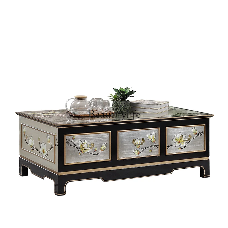 

New Chinese coffee table simple modern small apartment living room rectangular Zen painted solid wood