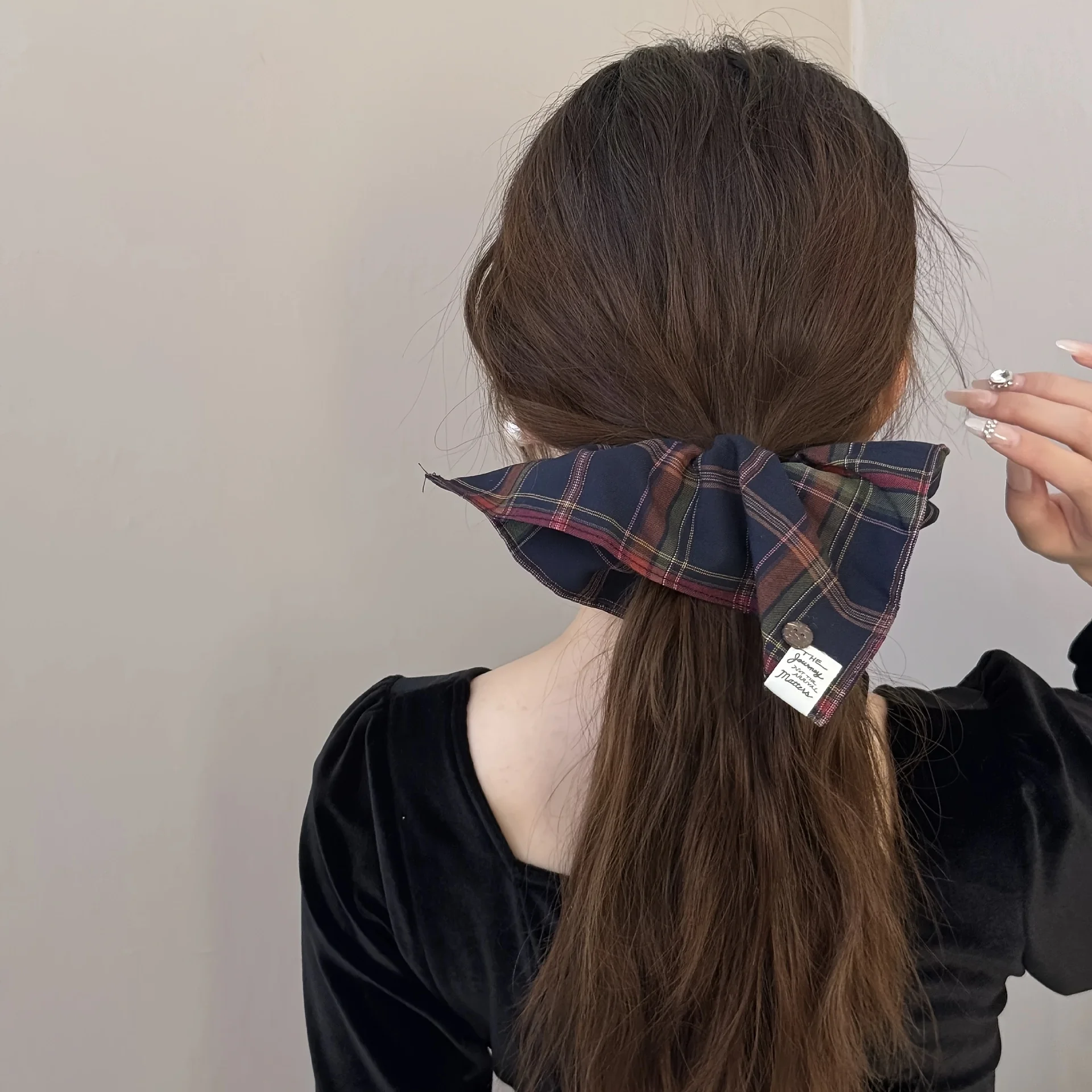 Vintage Plaid Square Scarf Style Hair Tie for Low Ponytail, Versatile Buttoned Square Scarf Hair Accessory