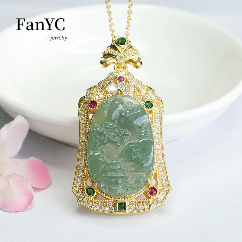 

Natural Jadeite Blue Water Mountain Water Plaque Pendant Hand Carved Exquisite Luxury Ice Jade Necklace Men & Women Holiday Gift
