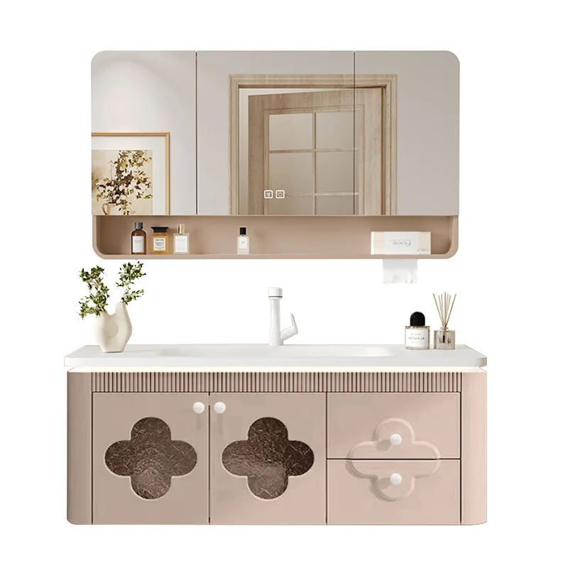 

Pink bathroom cabinet combination home integrated basin modern simple oak washstand ceramic integrated basin bathroom cabinet