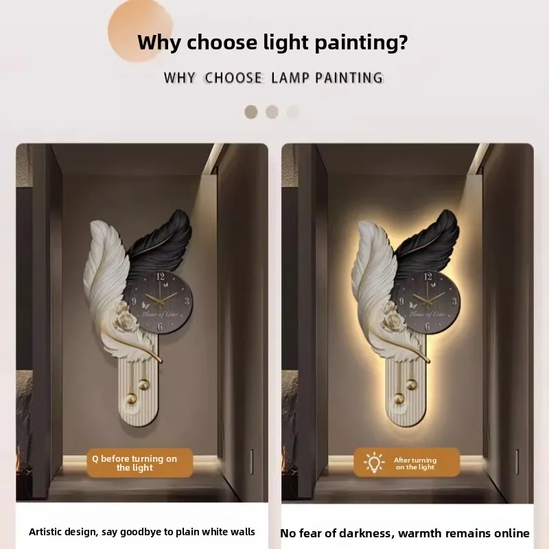 Light Luxury Feather Entrance LED Wall Clock Decorative Painting Corridor Mute Wall Clock Background Wall Lamp Clock Home Decor
