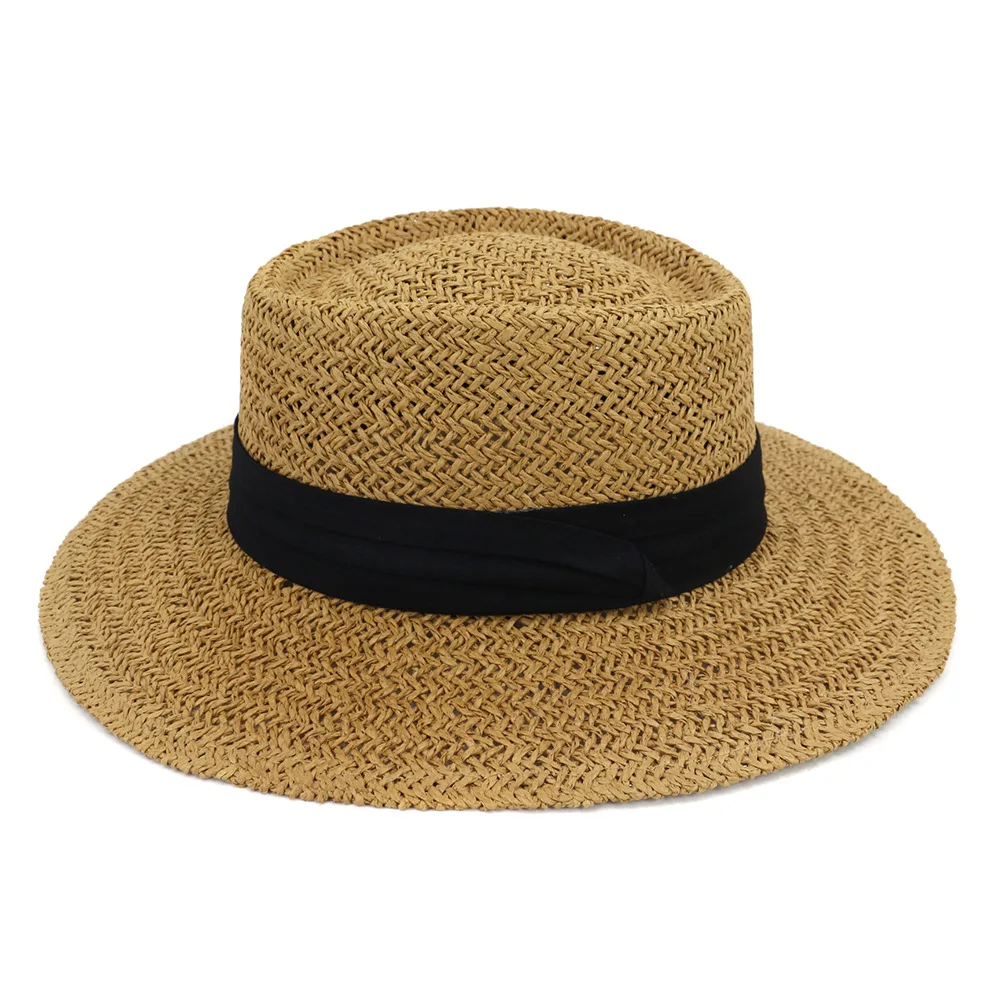 Handwoven straw hat ladies summer sunshade beach hat British vintage flat top panama hat sun hats for women raffia hat MAXSITI U