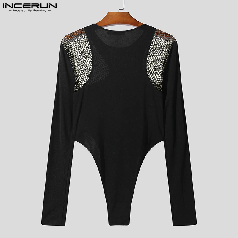 INCERUN 2023 Sexy Style Men Rompers Irregular Hollow Patchwork Mesh Jumpsuits Stylish Solid Thimble Long Sleeved Bodysuits S-5XL