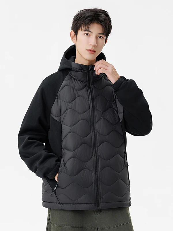 

Мужская легкая куртка-пуховик с капюшоном, двухслойная, с волнообразным узором, повседневная, укороченная, с наполнителем из пуха, с термофункцией