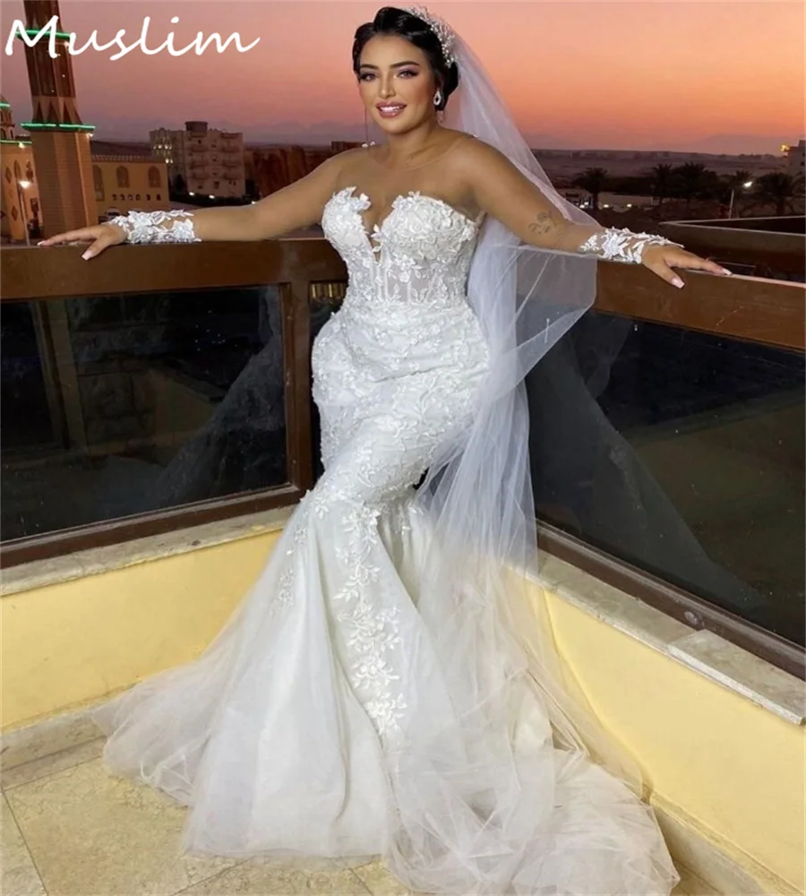 

Romantic Plus Size Mermaid Wedding Dresses illusion Long Sleeve Arabic Country Bridal Gowns Elegant Garden Lace Bride Customzied