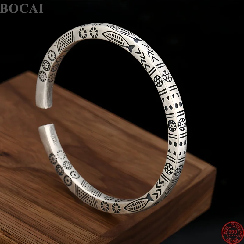 BOCAI Nuevas Pulseras de Plata de Ley S999 con Dijes para Hombre, Brazalete Punk con Patrón de Tótem Antiguo, Joyería Fina