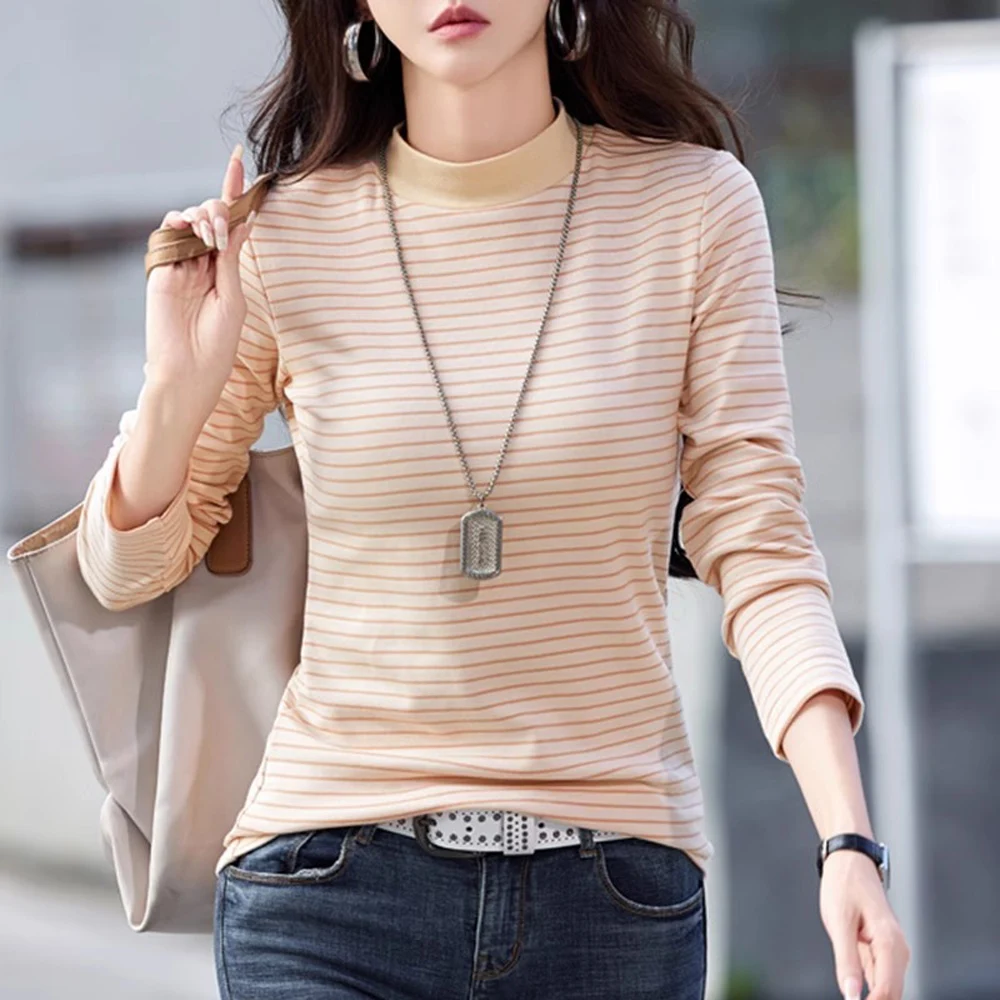 

Apricot long sleeved t-shirt women's winter new item pure cotton striped high-quality fashion plus size casual high neck top