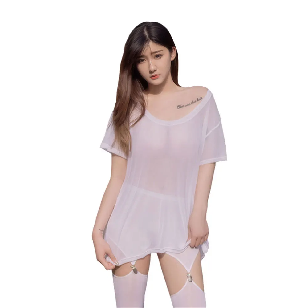 Sexy Women Fashion Loose White T-shirt Sheer See Through Streetwear Comfortable Tops Casual Thin Soft Elastic Tees Erotic Linger