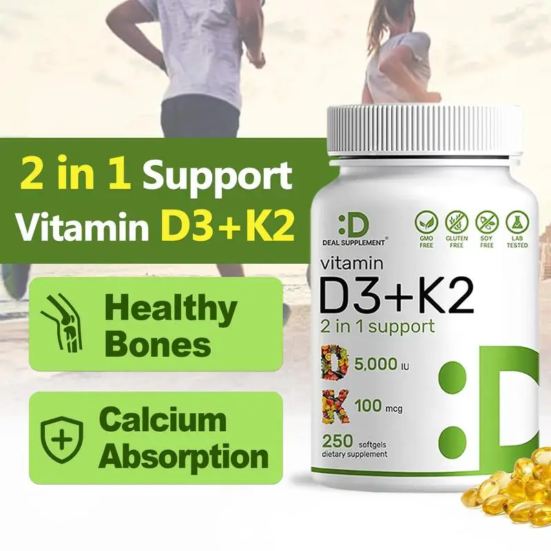 

DEAL SUPPLEMENT Vitamin D3 5,000 IU + K2 MK7 Softgels, 250 Count 2-in-1 Complex Supports Heart, Bone, Teeth & Immune Health