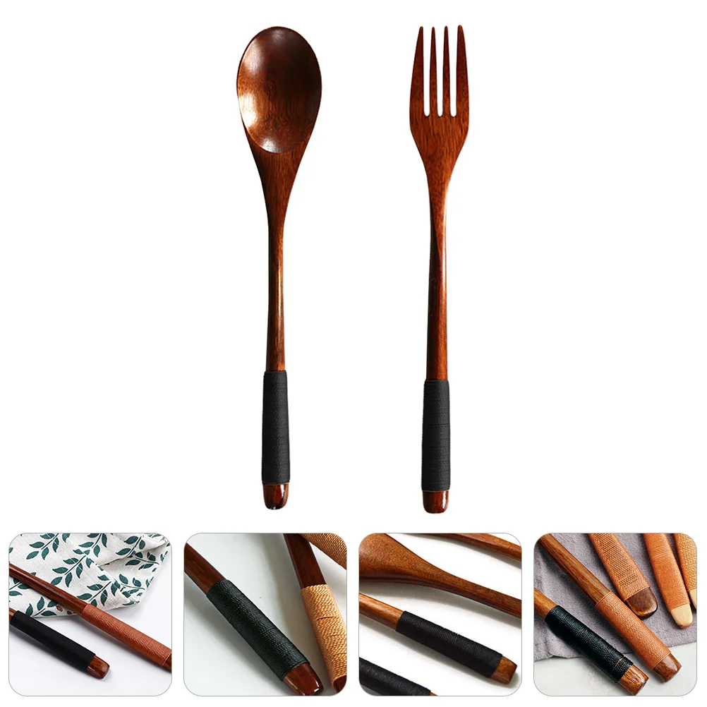 

Japanese Wooden Handle Fork Spoon Cutlery Set Daily Use Tableware Convenient Flatware Simple Dinnerware Travel