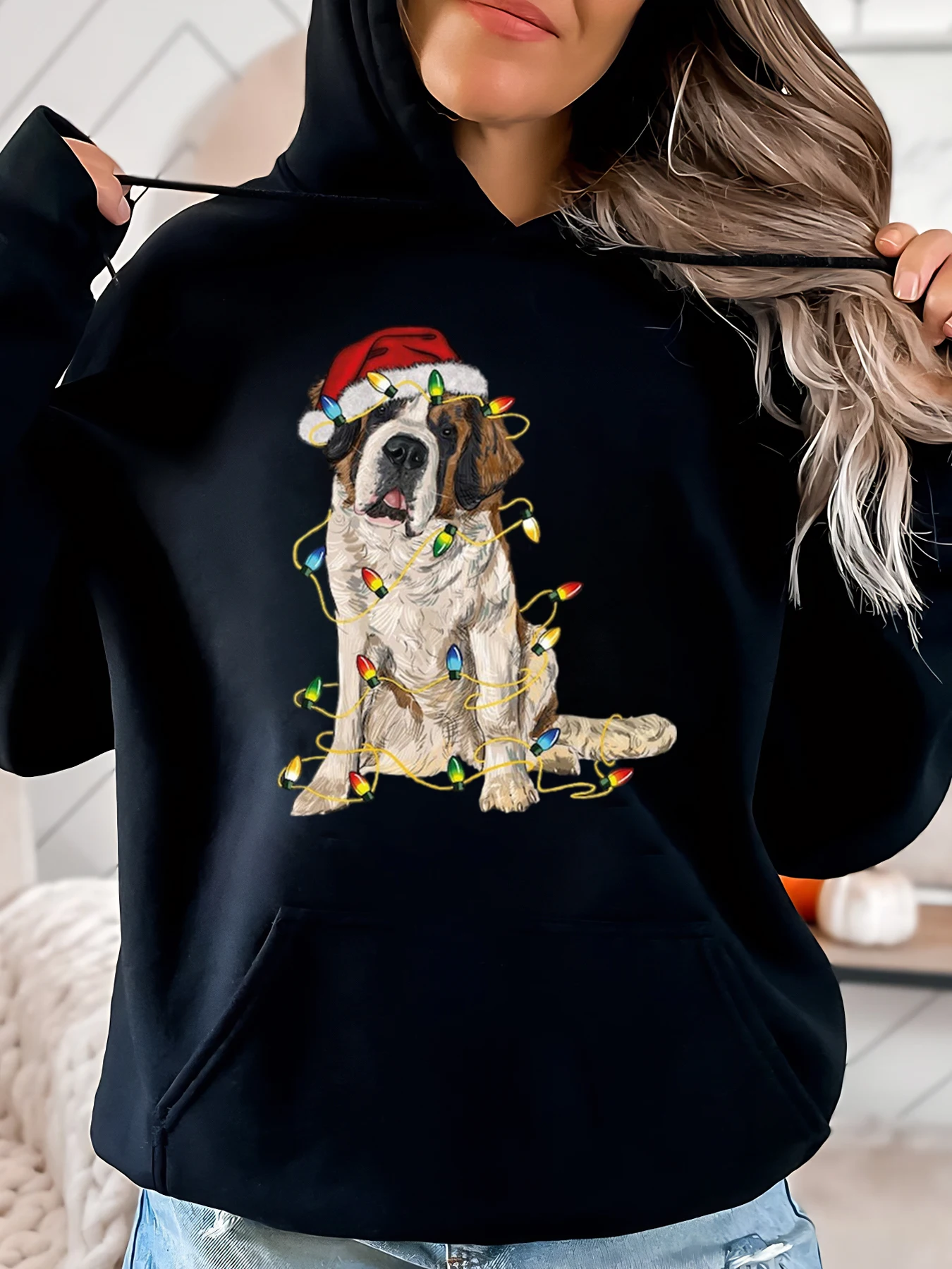 

Рождественская собака с огнями и принтом Праздничная толстовка с капюшоном Женская повседневная одежда Вечеринка Наряд Черный Большой размер