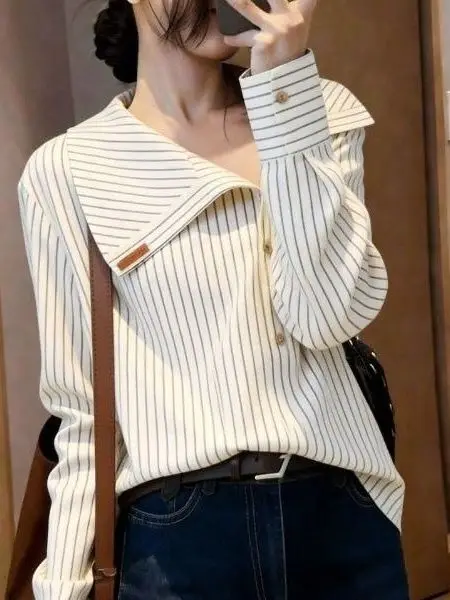 Striped Navy Casual Long Sleeve Women's Shirt