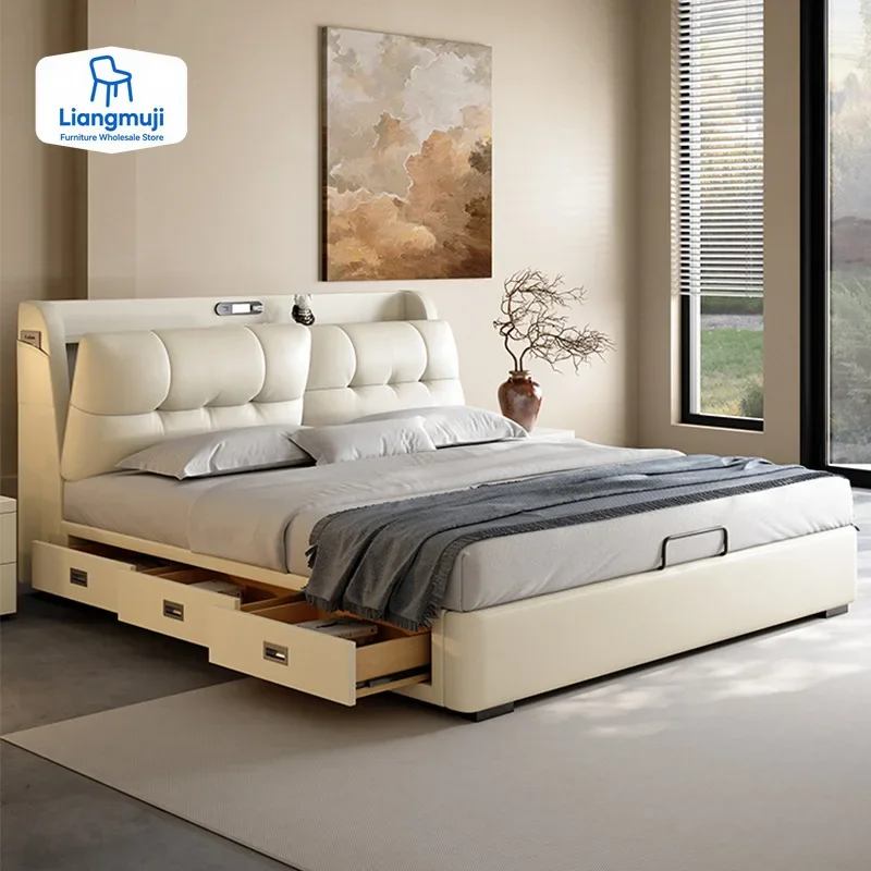 

Современная двуспальная кровать в скандинавском стиле с местом для хранения, элегантная кожаная кровать класса люкс для виллы, мебель для дома