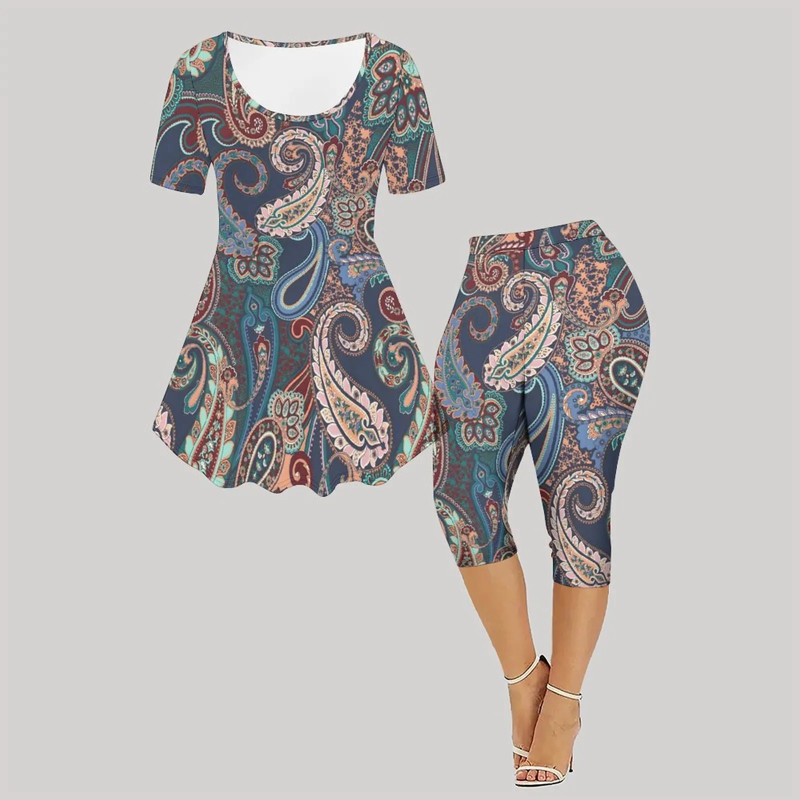 2pcs Ladies Printed Pants Casual Jogger Pants Round Neck Short Sleeve Fashion Leggings Set Women's Daily Top Slim Sport Pants