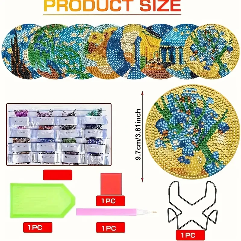 8 pieces/set of diamond painting coaster set, DIY coaster with holder, suitable for beginners and adults as diamond craft gifts