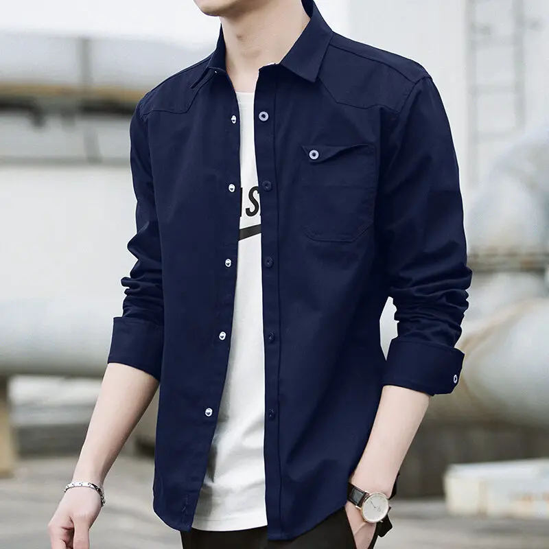 Korean Trend Handsome Versatile Military Coat Shirt Men Solid Pointed Neck Button Pocket Patchwork Long Sleeved Casual Denim Top