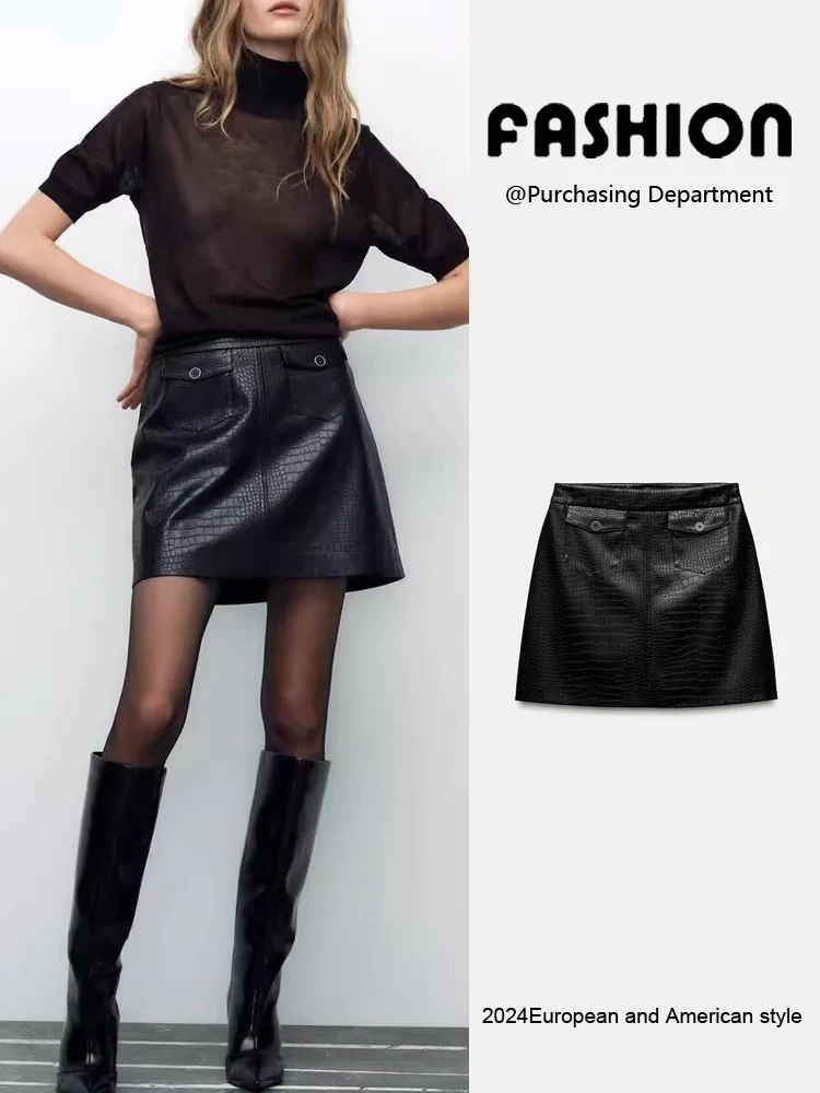 

Fall 2024 New Women's A-Line Skirt Pouch Faux Leather Emed Texture High Waist Commute Sle ort Skirt Other 00%