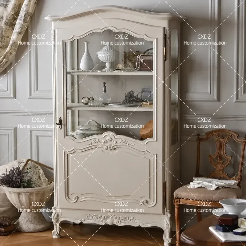 Retro Romantic Style Carved Glass Display Cabinet Side Cabinet Wine Storage Locker for Living Room Customizable Furniture