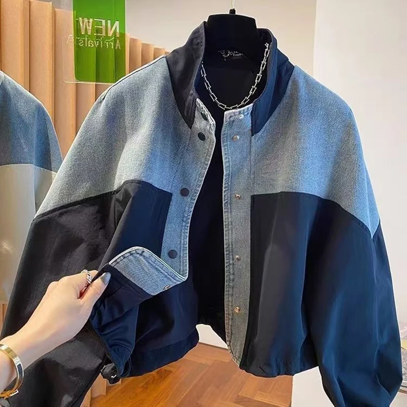 

European Style Patchwork Stand Collar Denim Jacket Women Spring Autumn 2025 New Loose Versatile Single Breasted Short Top